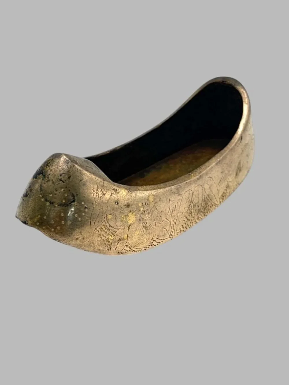 Vintage 1950s Korean Brass Slipper Ashtray Engraved Flower Trinket Dish 5